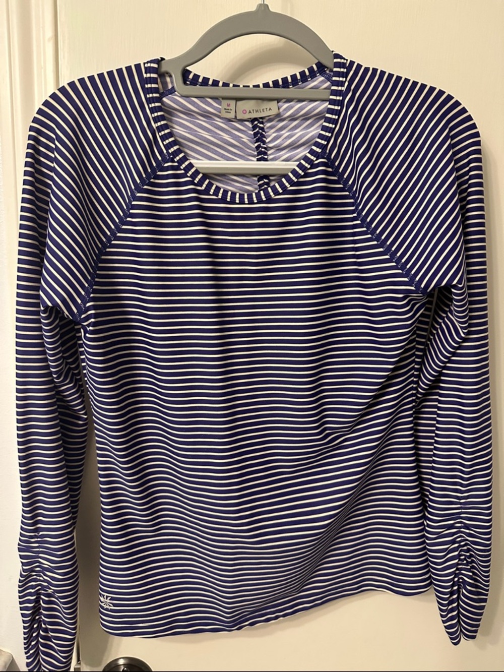 Athleta Navy Purple White Stripe Ruched LS Sun Protection and Swim Rashguard- M